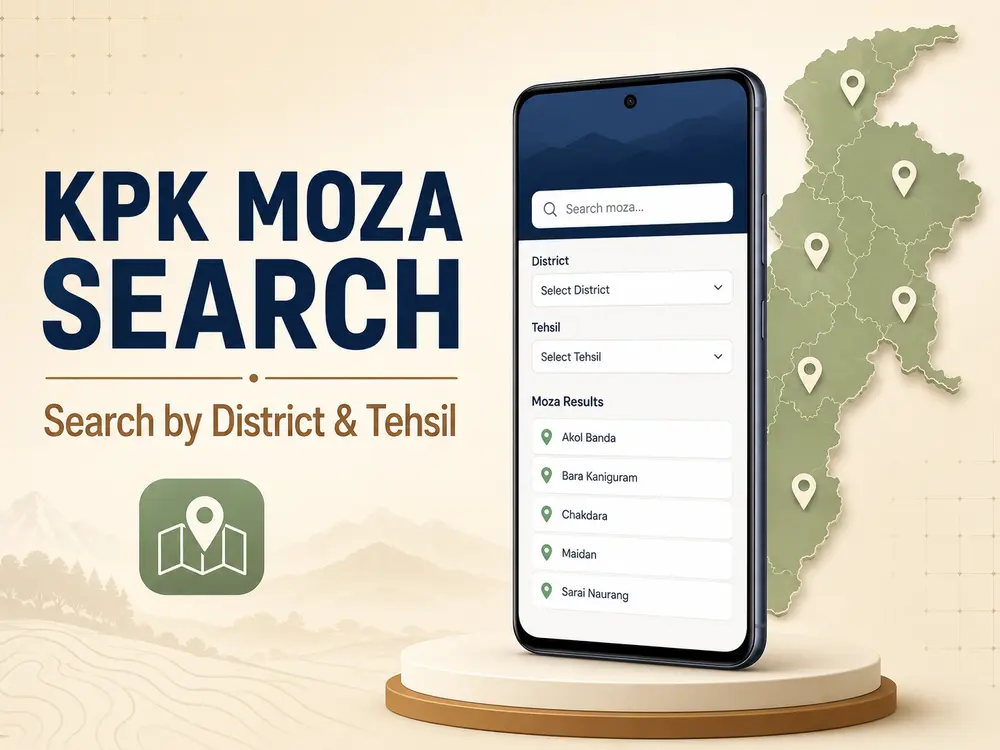 KPK Moza Search app showing district and tehsil filters